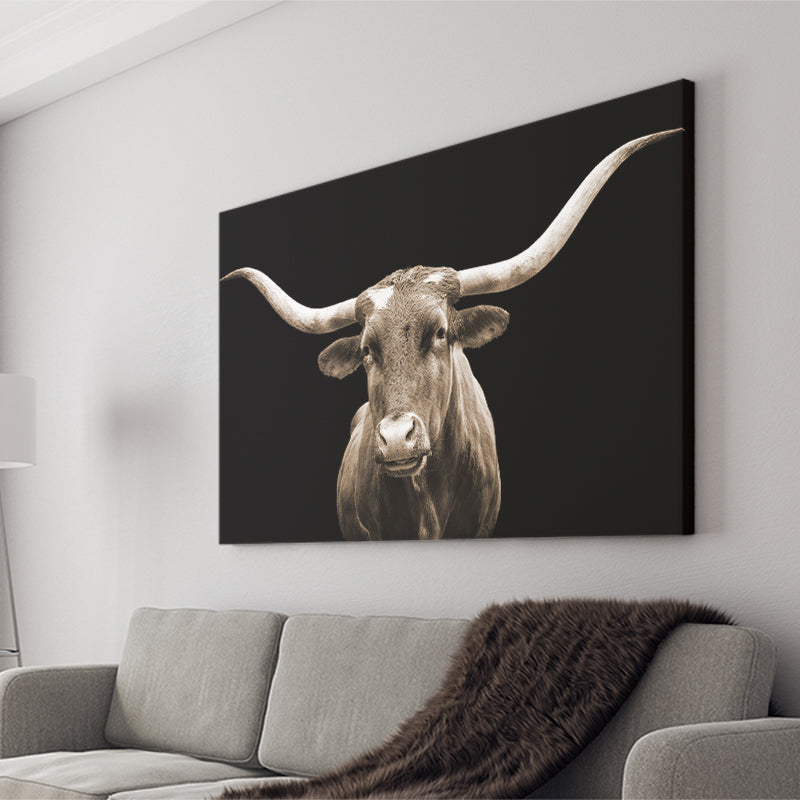 Close Up Portrait Of Texas Longhorn Cow With Black Background Canvas Prints Wall Art - Painting Canvas,Wall Decor,Art Print,Home Decor