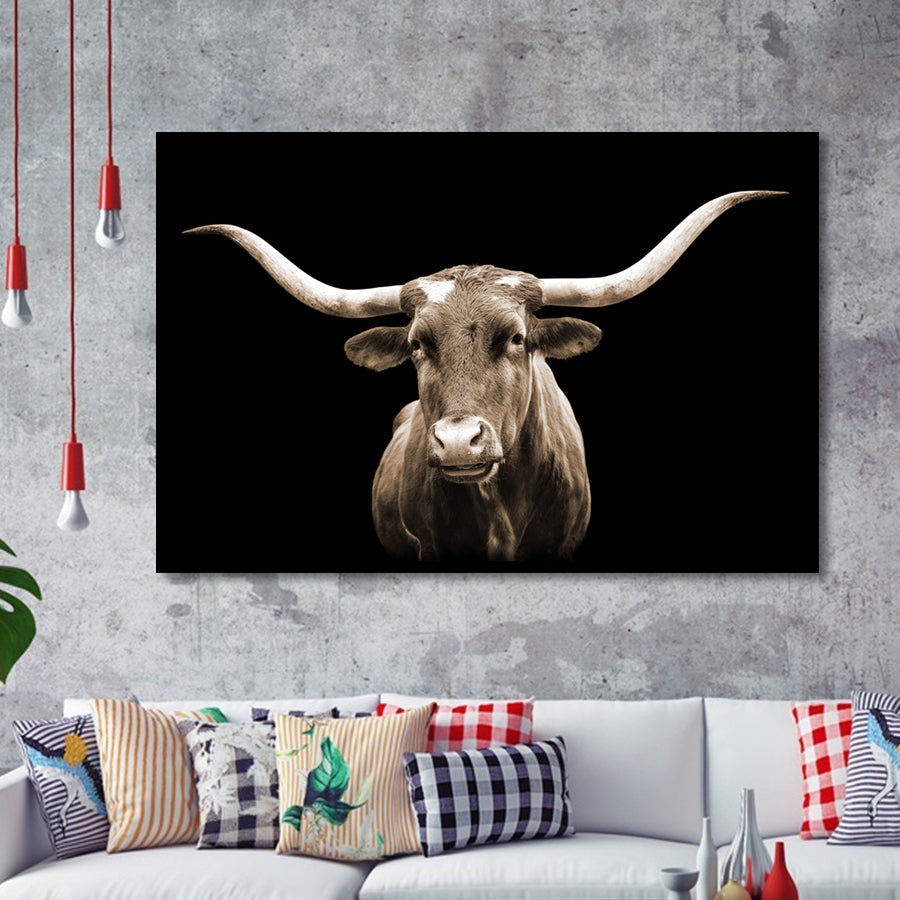 Close Up Portrait Of Texas Longhorn Cow With Black Background Framed Art Print Wall Decor - Painting Art, Framed Picture, Home Decor