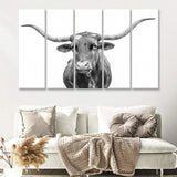 Close Up Portrait Of Texas Longhorn Cow 5 Piece B Multi Panels Canvas Prints Wall Art - Painting Canvas,Wall Decor
