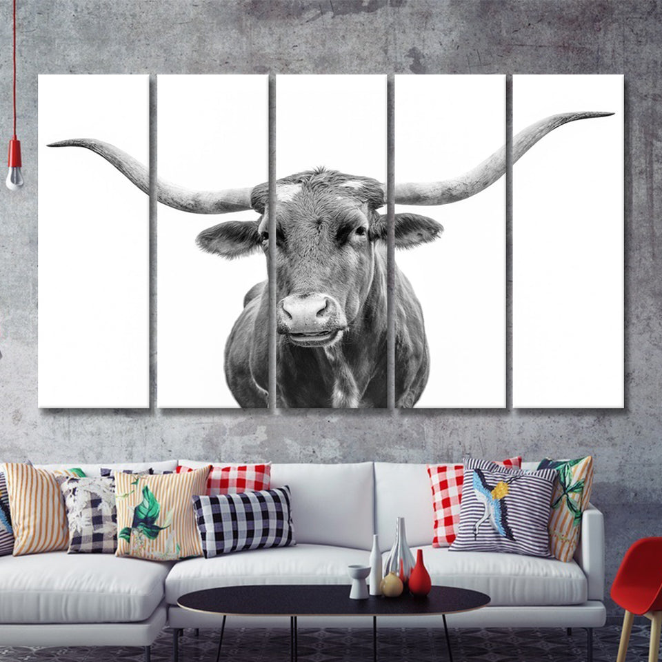 Close Up Portrait Of Texas Longhorn Cow 5 Piece B Multi Panels Canvas Prints Wall Art - Painting Canvas,Wall Decor