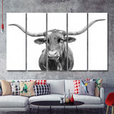 Close Up Portrait Of Texas Longhorn Cow 5 Piece B Multi Panels Canvas Prints Wall Art - Painting Canvas,Wall Decor