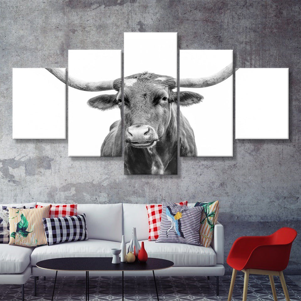 Close Up Portrait Of Texas Longhorn Cow 5 Piece Multi Panels Canvas Prints Wall Art - Painting Canvas,Wall Decor