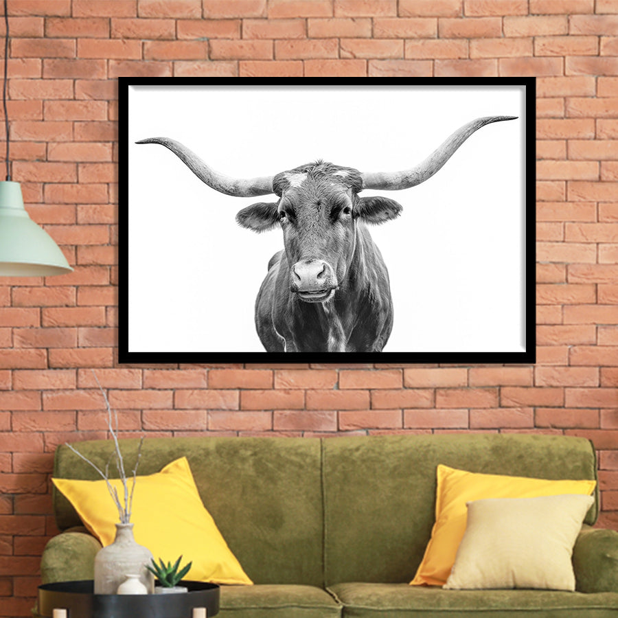 Close Up Portrait Of Texas Longhorn Cow Framed Art Print Wall Decor - Painting Art, Framed Picture, Home Decor