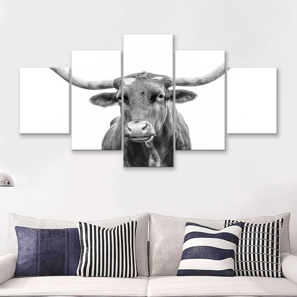 Close Up Portrait Of Texas Longhorn Cow 5 Piece Multi Panels Canvas Prints Wall Art - Painting Canvas,Wall Decor