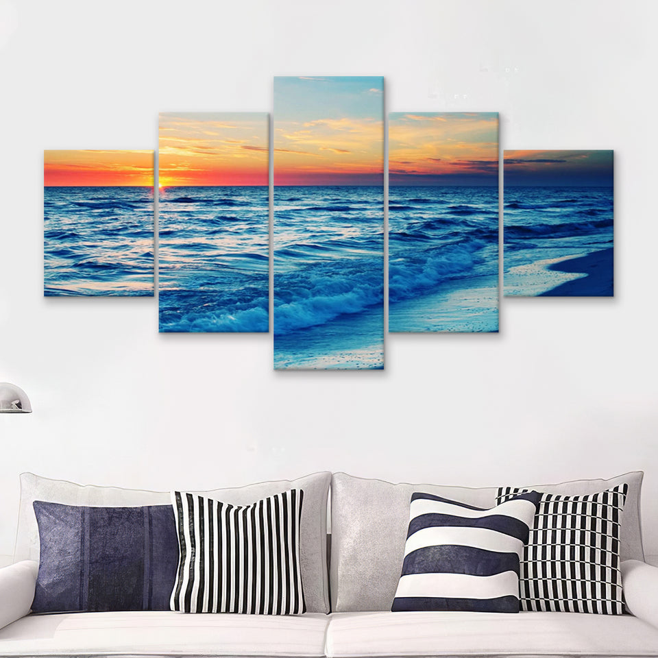 Cloudy Sunset Beach  5 Pieces Canvas Prints Wall Art - Painting Canvas, Multi Panels, 5 Panel, Wall Decor