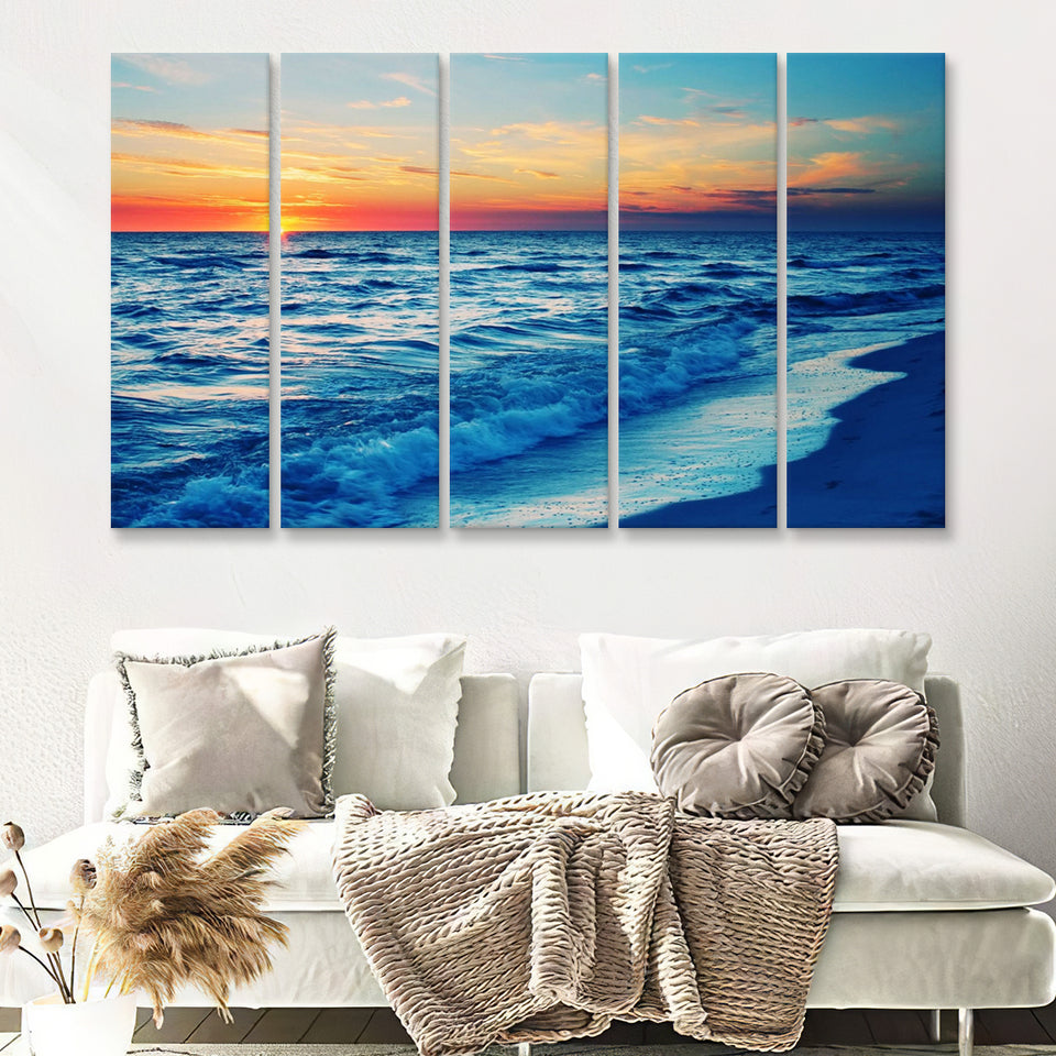 Cloudy Sunset Beach 5 Pieces B Canvas Prints Wall Art - Painting Canvas, Multi Panels,5 Panel, Wall Decor