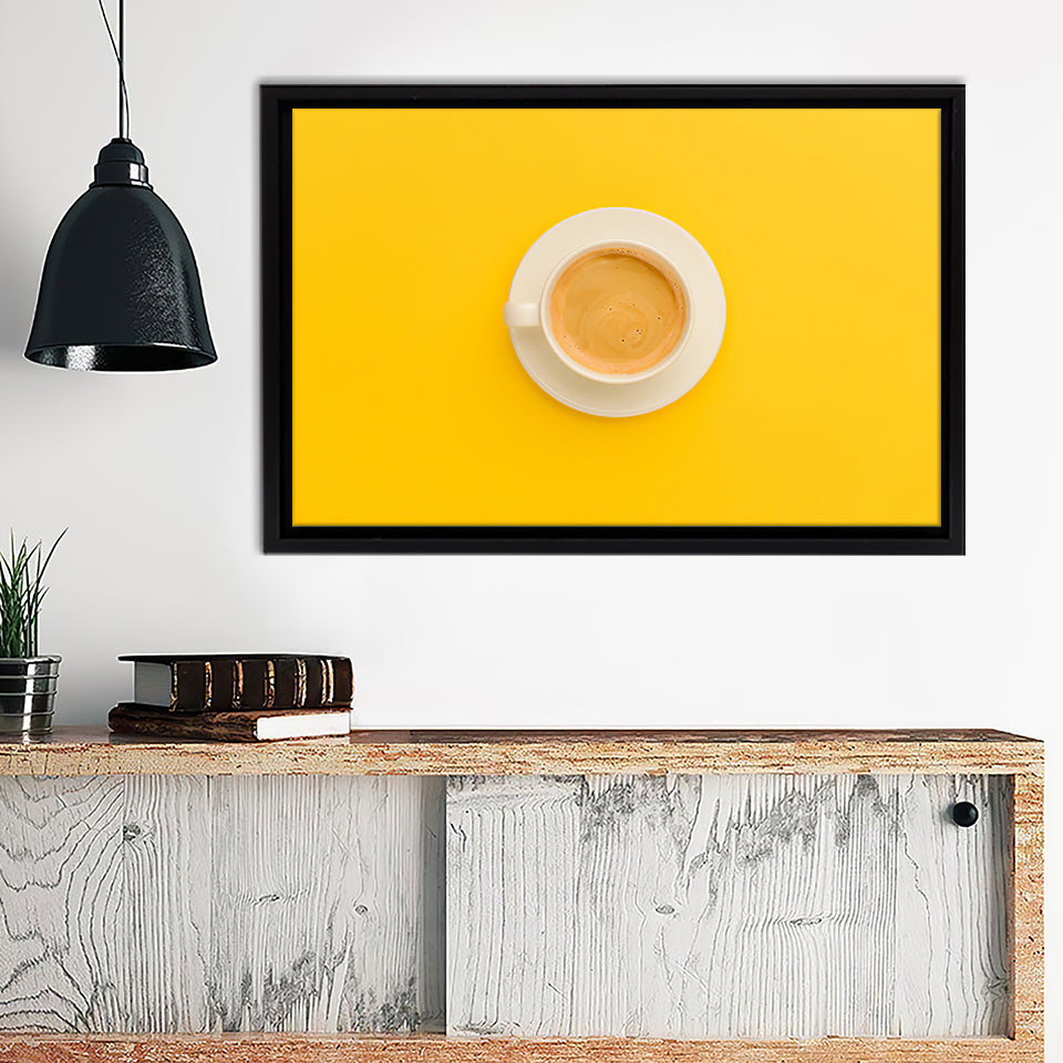 Coffee And Plate On Yellow Background Framed Canvas Wall Art - Framed Prints, Canvas Prints, Prints for Sale, Canvas Painting