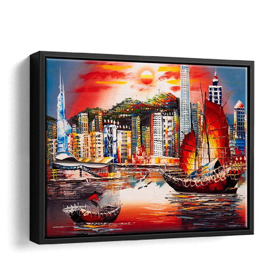 Colorful City Scenery Painting Framed Canvas Wall Art - Canvas Prints, Framed Art, Prints for Sale, Canvas Painting