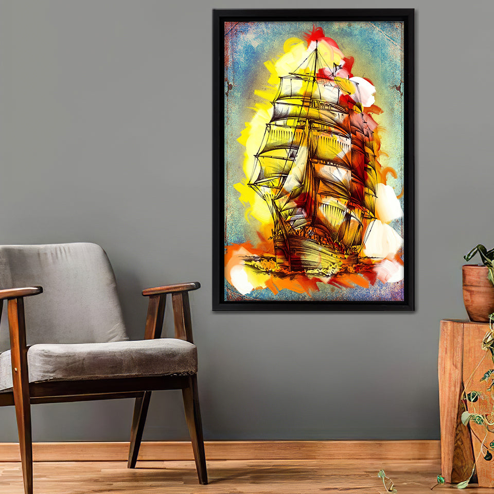 Colorful Ship Abstract Boat Ship On Sea Framed Canvas Wall Art - Canvas Prints,Framed Art, Prints for Sale, Canvas Painting