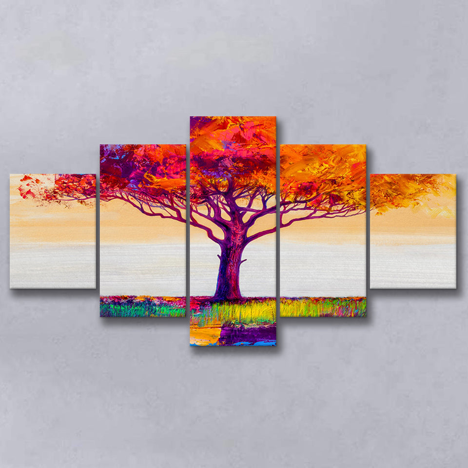 Colorful Tree Print Wall Art 5 Piece Canvas Prints Wall Art Decor, Multi Panels, Mixed Canvas