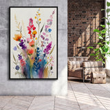 Colorful Wildflower Art, Bright Floral Watercolor Flowers V1 Framed Canvas Prints Wall Art, Floating Frame, Large Canvas