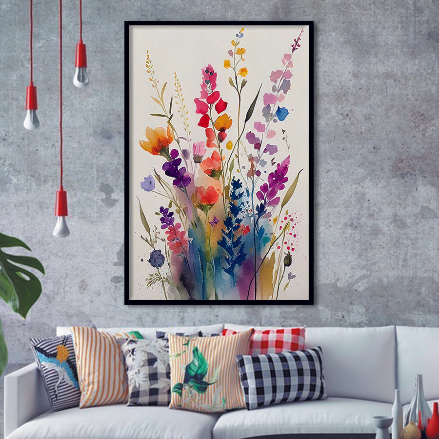 Colorful Wildflower Art, Bright Floral Watercolor Flowers V1 Framed Art Prints Wall Decor, Framed Picture, Large Picture