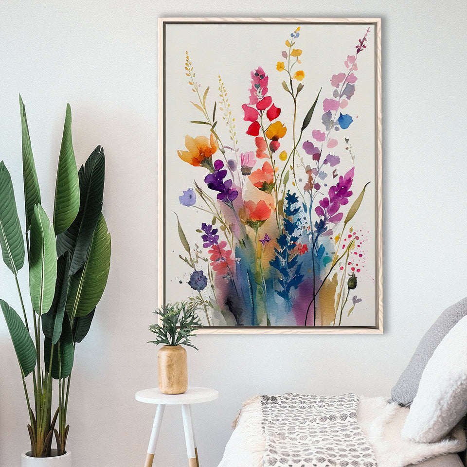 Colorful Wildflower Art, Bright Floral Watercolor Flowers V1 Framed Canvas Prints Wall Art, Floating Frame, Large Canvas