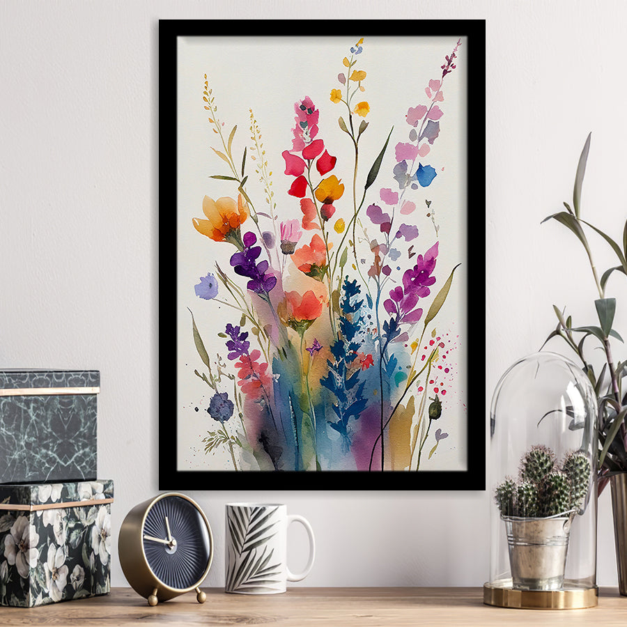 Colorful Wildflower Art, Bright Floral Watercolor Flowers V1 Framed Art Prints Wall Decor, Framed Picture, Large Picture