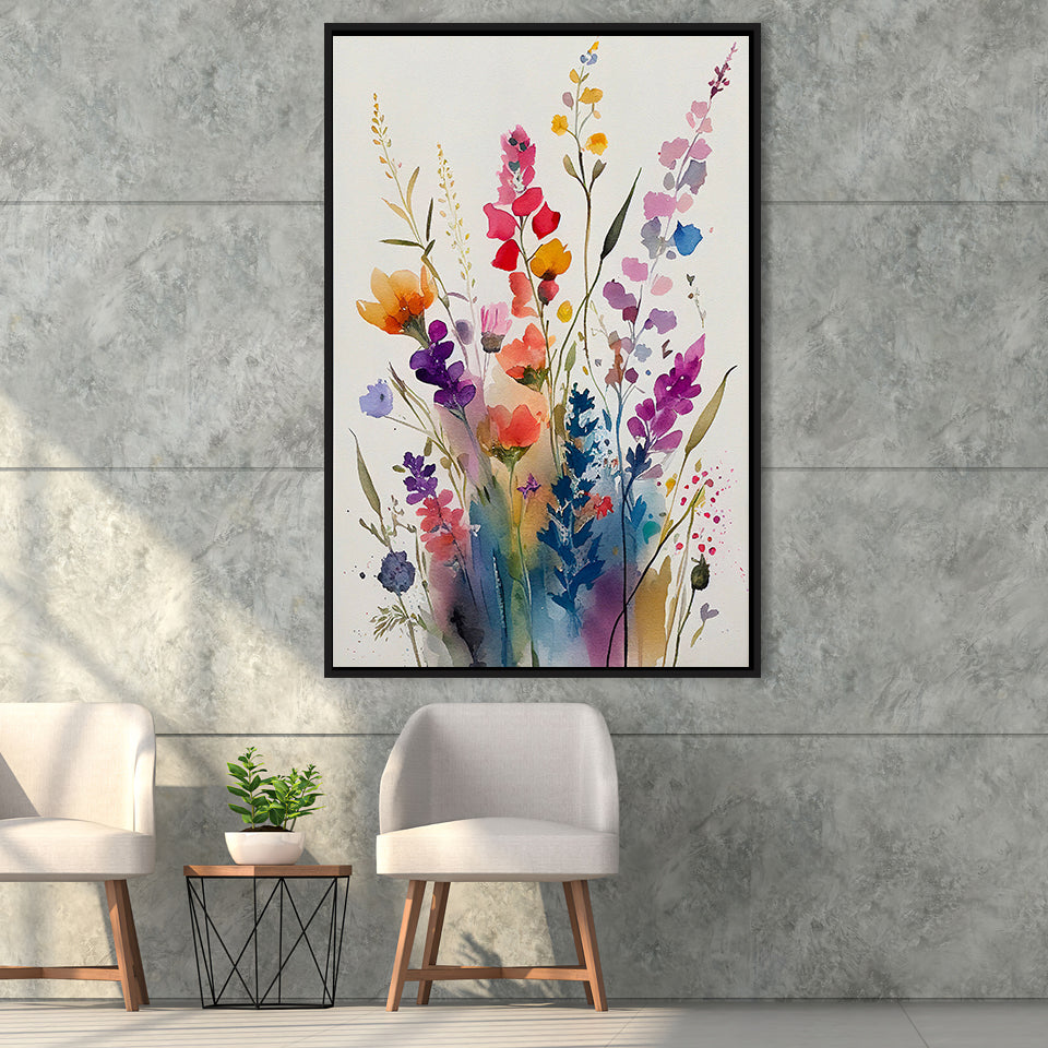 Colorful Wildflower Art, Bright Floral Watercolor Flowers V1 Framed Canvas Prints Wall Art, Floating Frame, Large Canvas