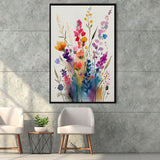 Colorful Wildflower Art, Bright Floral Watercolor Flowers V1 Framed Canvas Prints Wall Art, Floating Frame, Large Canvas