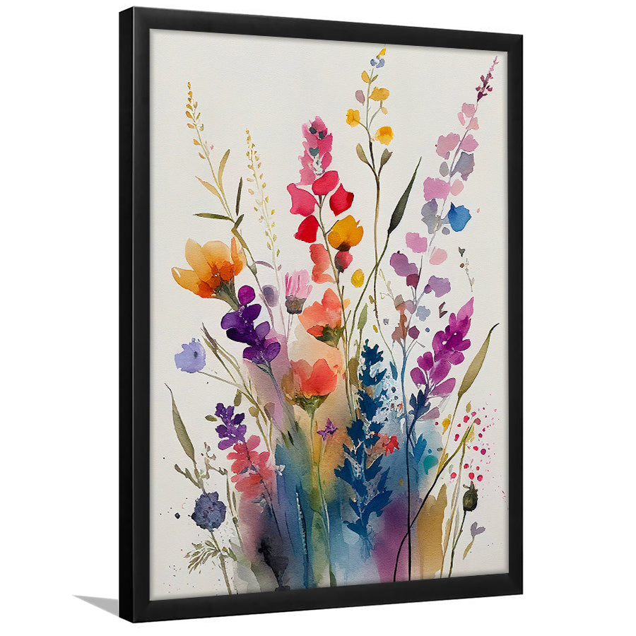 Colorful Wildflower Art, Bright Floral Watercolor Flowers V1 Framed Art Prints Wall Decor, Framed Picture, Large Picture