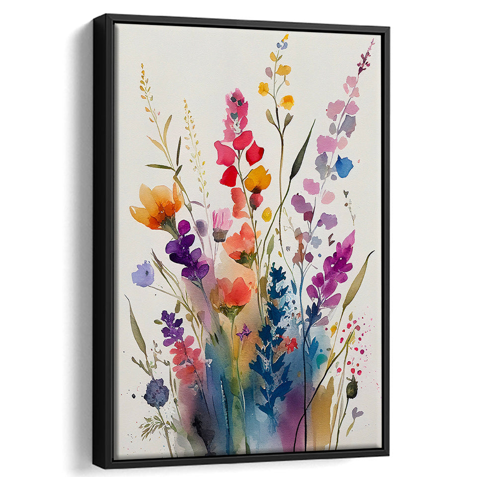 Colorful Wildflower Art, Bright Floral Watercolor Flowers V1 Framed Canvas Prints Wall Art, Floating Frame, Large Canvas