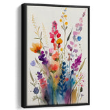 Colorful Wildflower Art, Bright Floral Watercolor Flowers V1 Framed Canvas Prints Wall Art, Floating Frame, Large Canvas