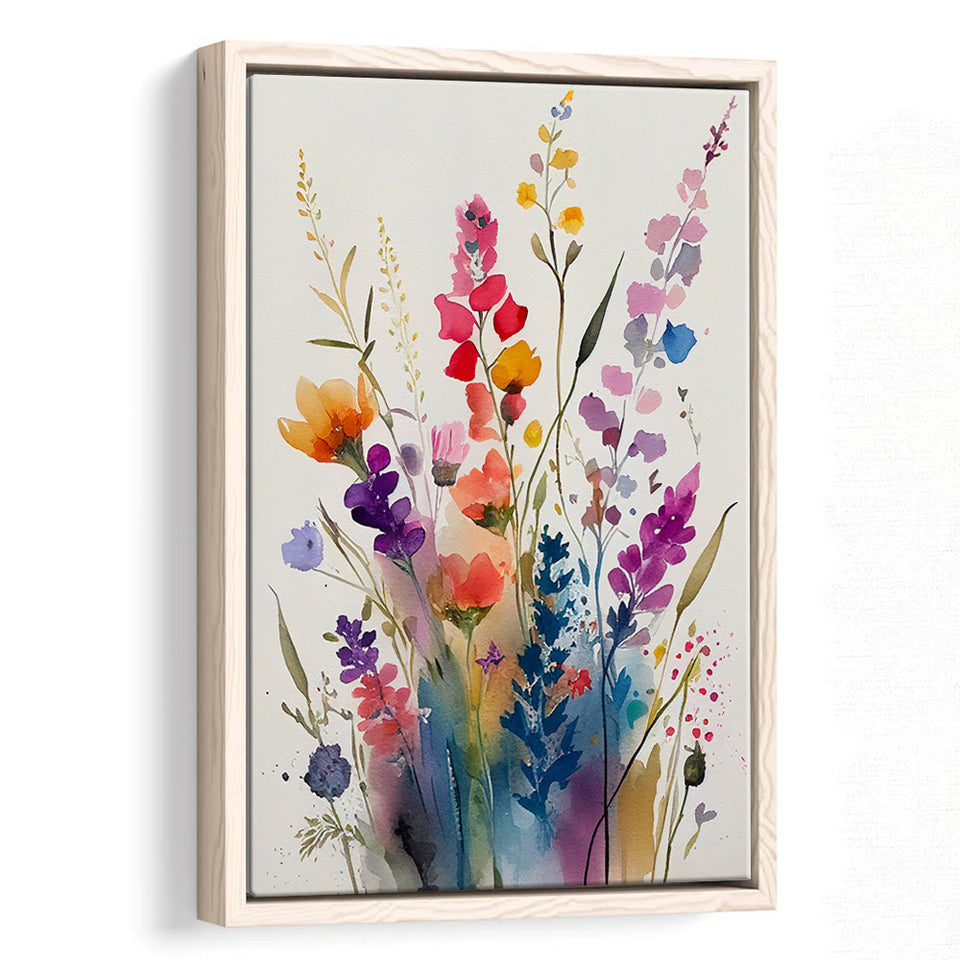Colorful Wildflower Art, Bright Floral Watercolor Flowers V1 Framed Canvas Prints Wall Art, Floating Frame, Large Canvas