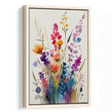 Colorful Wildflower Art, Bright Floral Watercolor Flowers V1 Framed Canvas Prints Wall Art, Floating Frame, Large Canvas