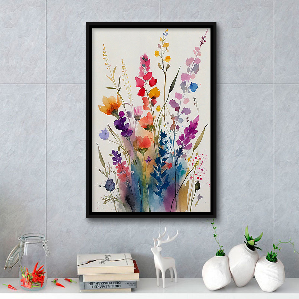 Colorful Wildflower Art, Bright Floral Watercolor Flowers V1 Framed Canvas Prints Wall Art, Floating Frame, Large Canvas