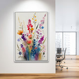 Colorful Wildflower Art, Bright Floral Watercolor Flowers V1 Framed Canvas Prints Wall Art, Floating Frame, Large Canvas