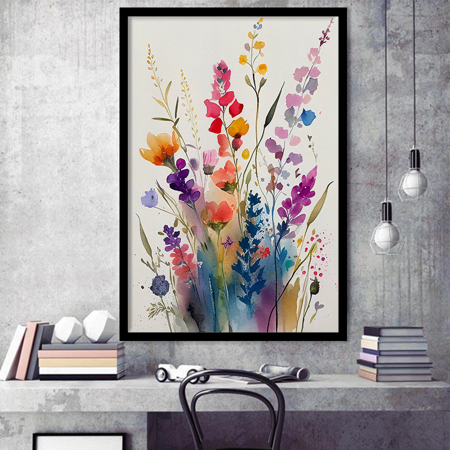 Colorful Wildflower Art, Bright Floral Watercolor Flowers V1 Framed Art Prints Wall Decor, Framed Picture, Large Picture