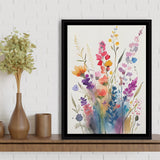 Colorful Wildflower Art, Bright Floral Watercolor Flowers V1 Framed Canvas Prints Wall Art, Floating Frame, Large Canvas