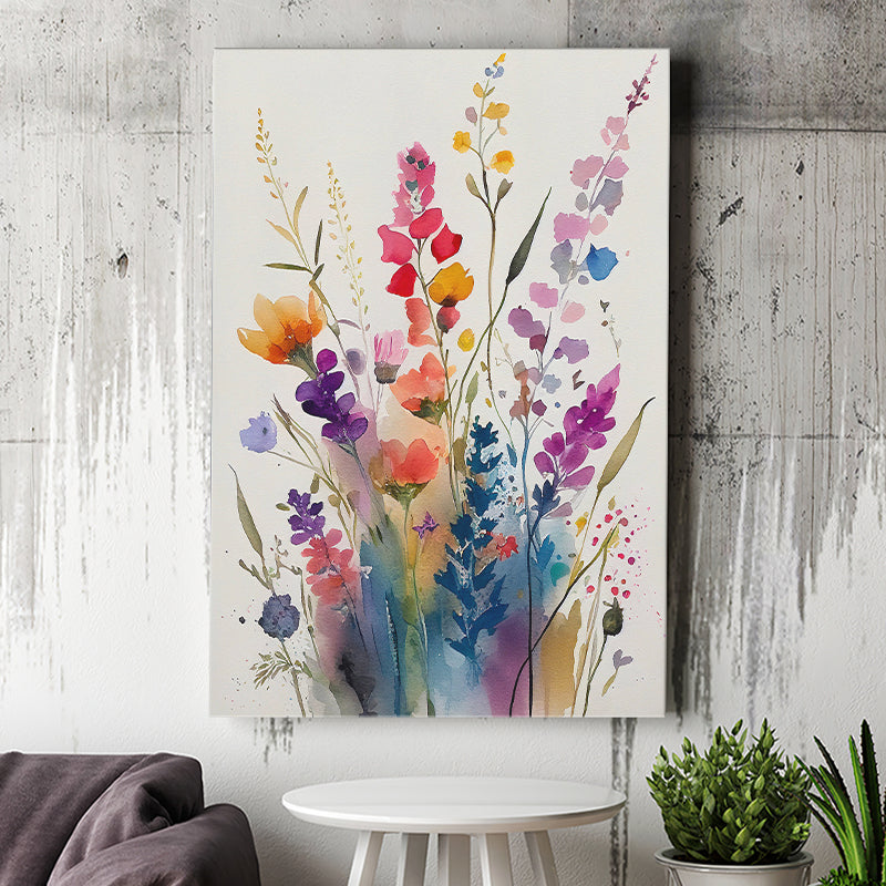 Colorful Wildflower Art, Bright Floral Watercolor Flowers V1 Canvas Prints Wall Art, Home Living Room Decor, Large Canvas
