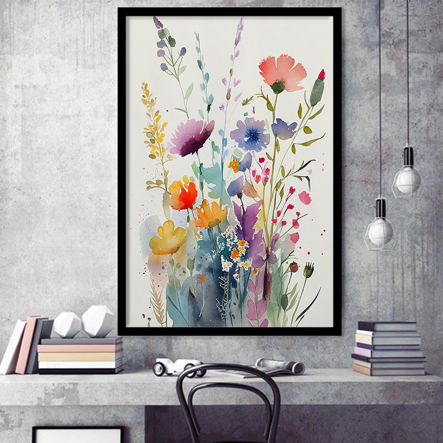 Colorful Wildflower Art, Bright Floral Watercolor Flowers V2 Framed Art Prints Wall Decor, Framed Picture, Large Picture