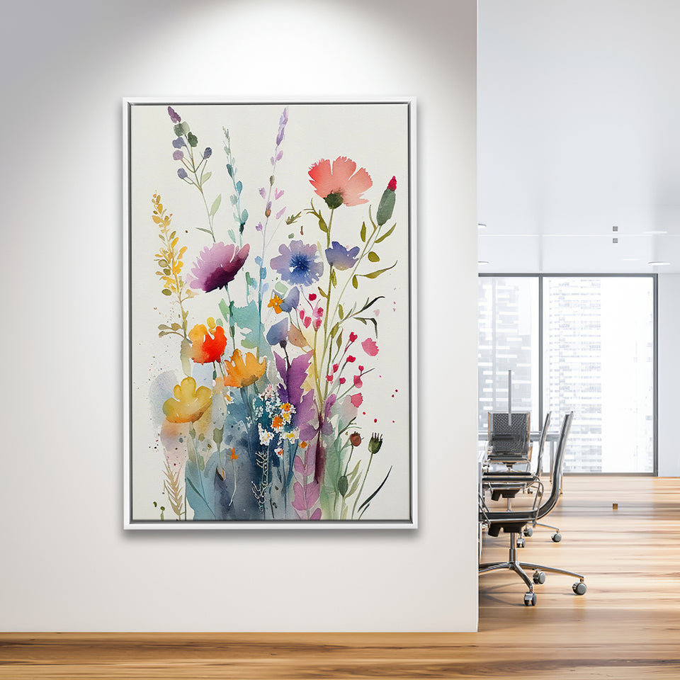Colorful Wildflower Art, Bright Floral Watercolor Flowers V2 Framed Canvas Prints Wall Art, Floating Frame, Large Canvas