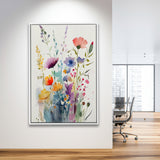 Colorful Wildflower Art, Bright Floral Watercolor Flowers V2 Framed Canvas Prints Wall Art, Floating Frame, Large Canvas