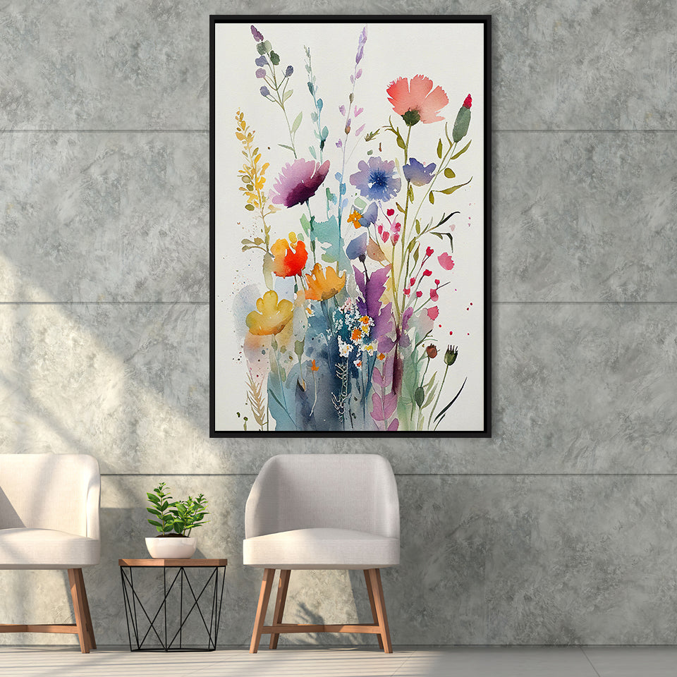 Colorful Wildflower Art, Bright Floral Watercolor Flowers V2 Framed Canvas Prints Wall Art, Floating Frame, Large Canvas