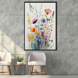 Colorful Wildflower Art, Bright Floral Watercolor Flowers V2 Framed Canvas Prints Wall Art, Floating Frame, Large Canvas
