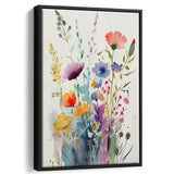 Colorful Wildflower Art, Bright Floral Watercolor Flowers V2 Framed Canvas Prints Wall Art, Floating Frame, Large Canvas