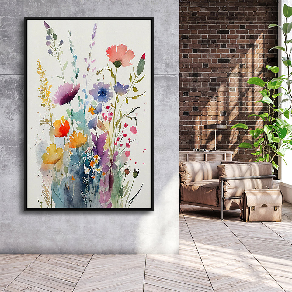 Colorful Wildflower Art, Bright Floral Watercolor Flowers V2 Framed Canvas Prints Wall Art, Floating Frame, Large Canvas