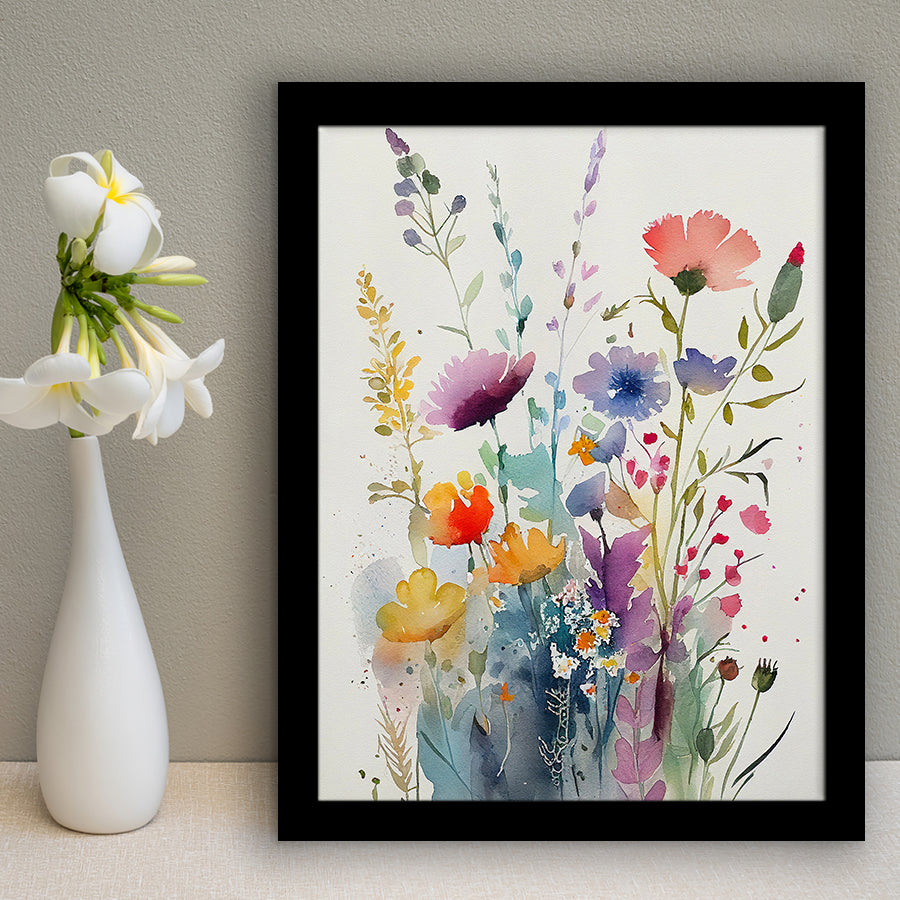 Colorful Wildflower Art, Bright Floral Watercolor Flowers V2 Framed Art Prints Wall Decor, Framed Picture, Large Picture