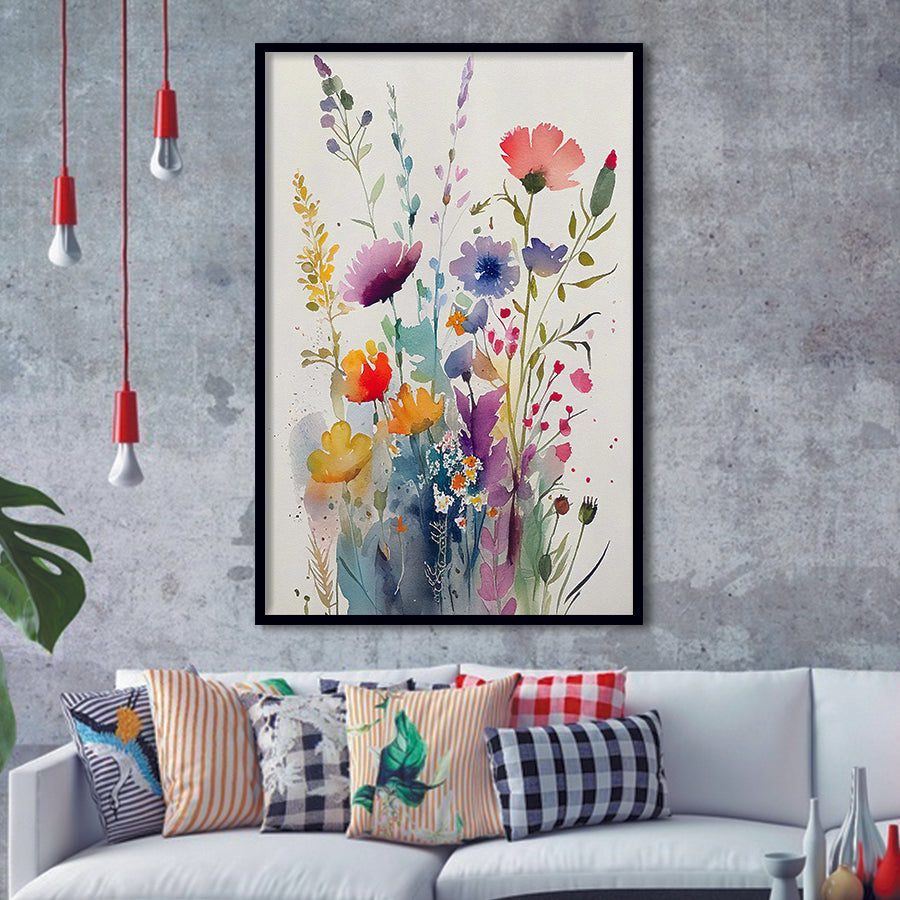 Colorful Wildflower Art, Bright Floral Watercolor Flowers V2 Framed Art Prints Wall Decor, Framed Picture, Large Picture
