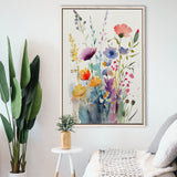 Colorful Wildflower Art, Bright Floral Watercolor Flowers V2 Framed Canvas Prints Wall Art, Floating Frame, Large Canvas