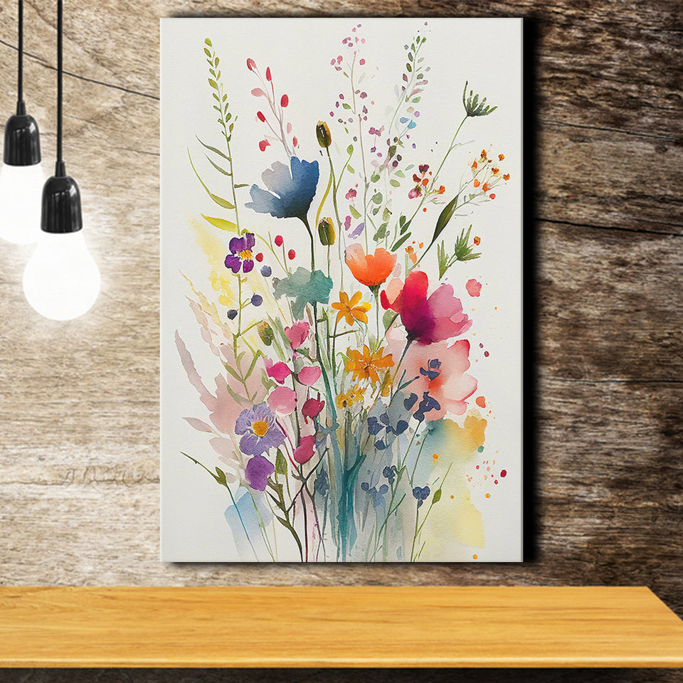 Colorful Wildflower Art, Bright Floral Watercolor Flowers V3 Canvas Prints Wall Art, Home Living Room Decor, Large Canvas