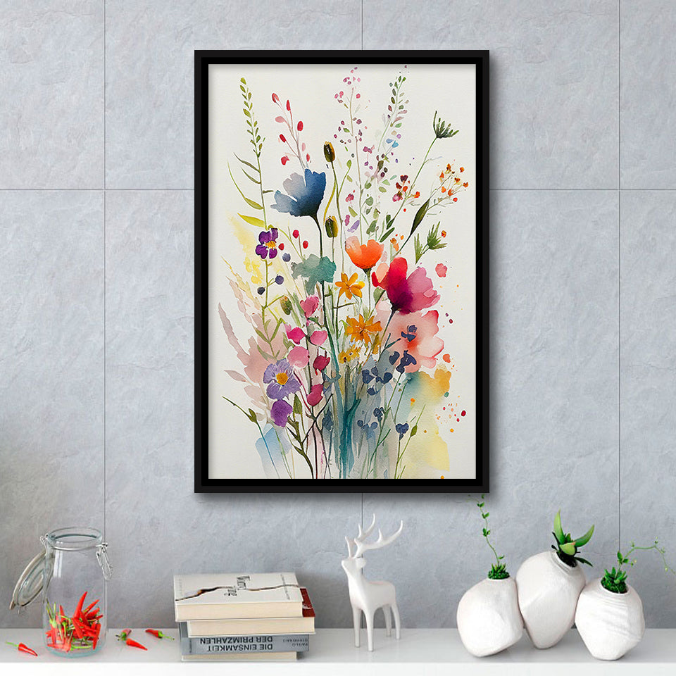 Colorful Wildflower Art, Bright Floral Watercolor Flowers V3 Framed Canvas Prints Wall Art, Floating Frame, Large Canvas