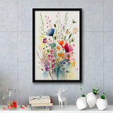 Colorful Wildflower Art, Bright Floral Watercolor Flowers V3 Framed Canvas Prints Wall Art, Floating Frame, Large Canvas