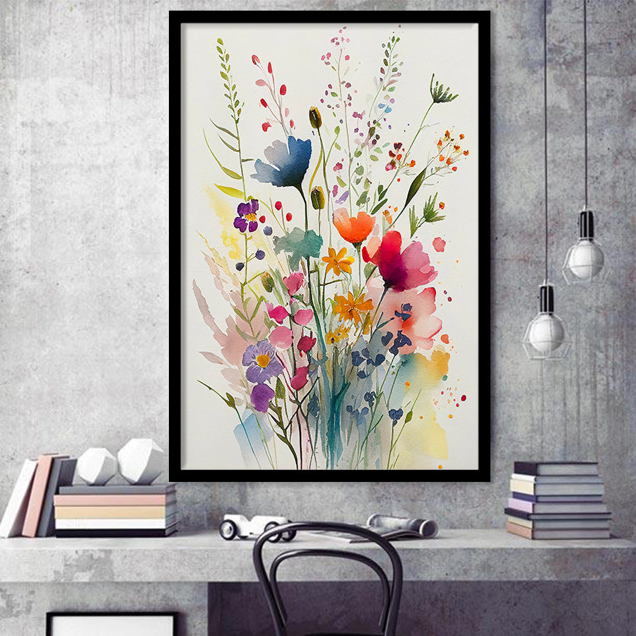 Colorful Wildflower Art, Bright Floral Watercolor Flowers V3 Framed Art Prints Wall Decor, Framed Picture, Large Picture