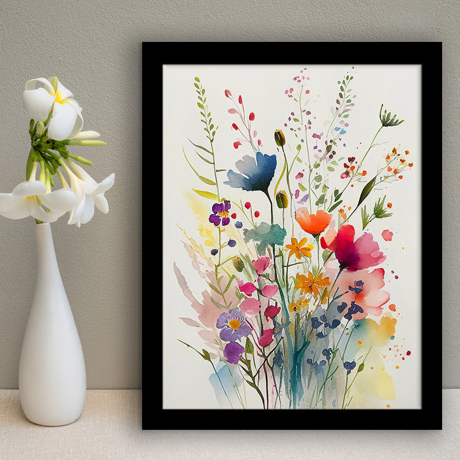 Colorful Wildflower Art, Bright Floral Watercolor Flowers V3 Framed Art Prints Wall Decor, Framed Picture, Large Picture