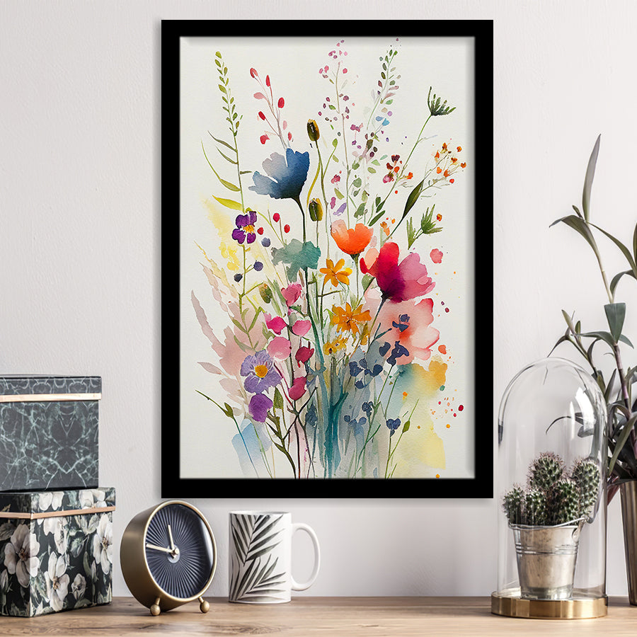 Colorful Wildflower Art, Bright Floral Watercolor Flowers V3 Framed Art Prints Wall Decor, Framed Picture, Large Picture