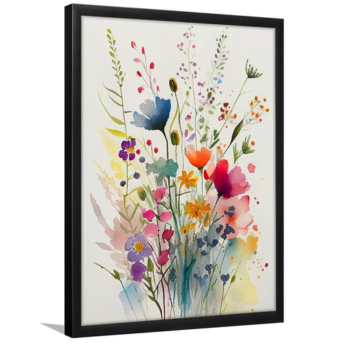 Colorful Wildflower Art, Bright Floral Watercolor Flowers V3 Framed Art Prints Wall Decor, Framed Picture, Large Picture