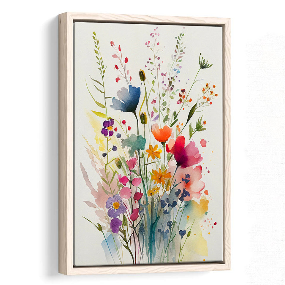Colorful Wildflower Art, Bright Floral Watercolor Flowers V3 Framed Canvas Prints Wall Art, Floating Frame, Large Canvas