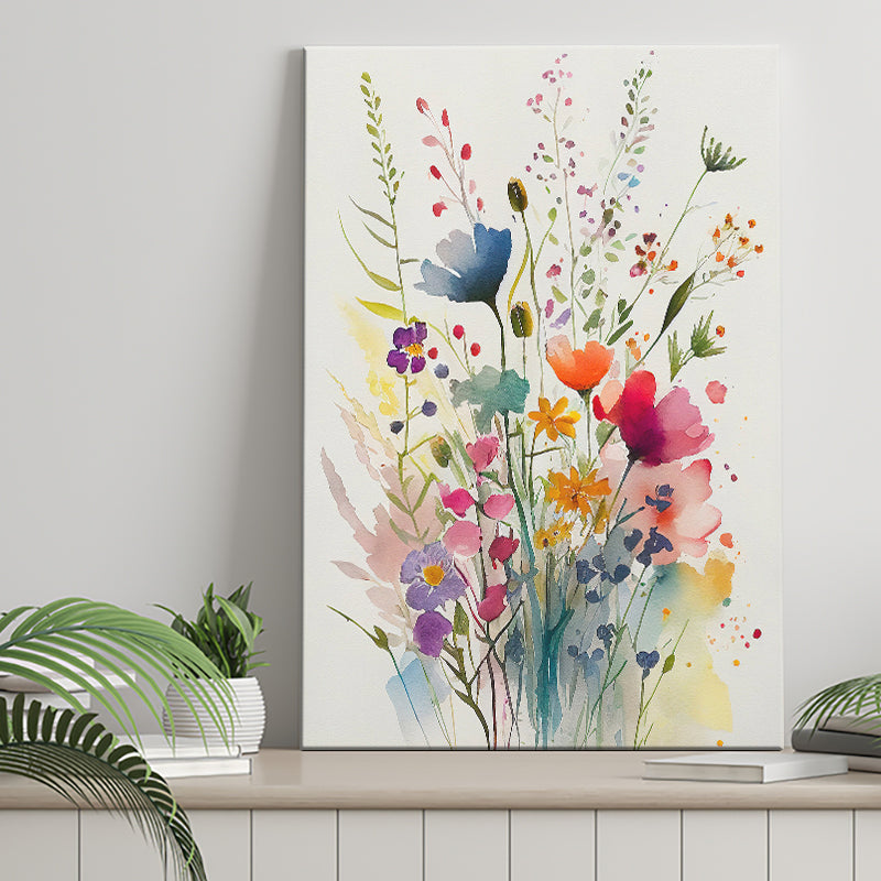 Colorful Wildflower Art, Bright Floral Watercolor Flowers V3 Canvas Prints Wall Art, Home Living Room Decor, Large Canvas