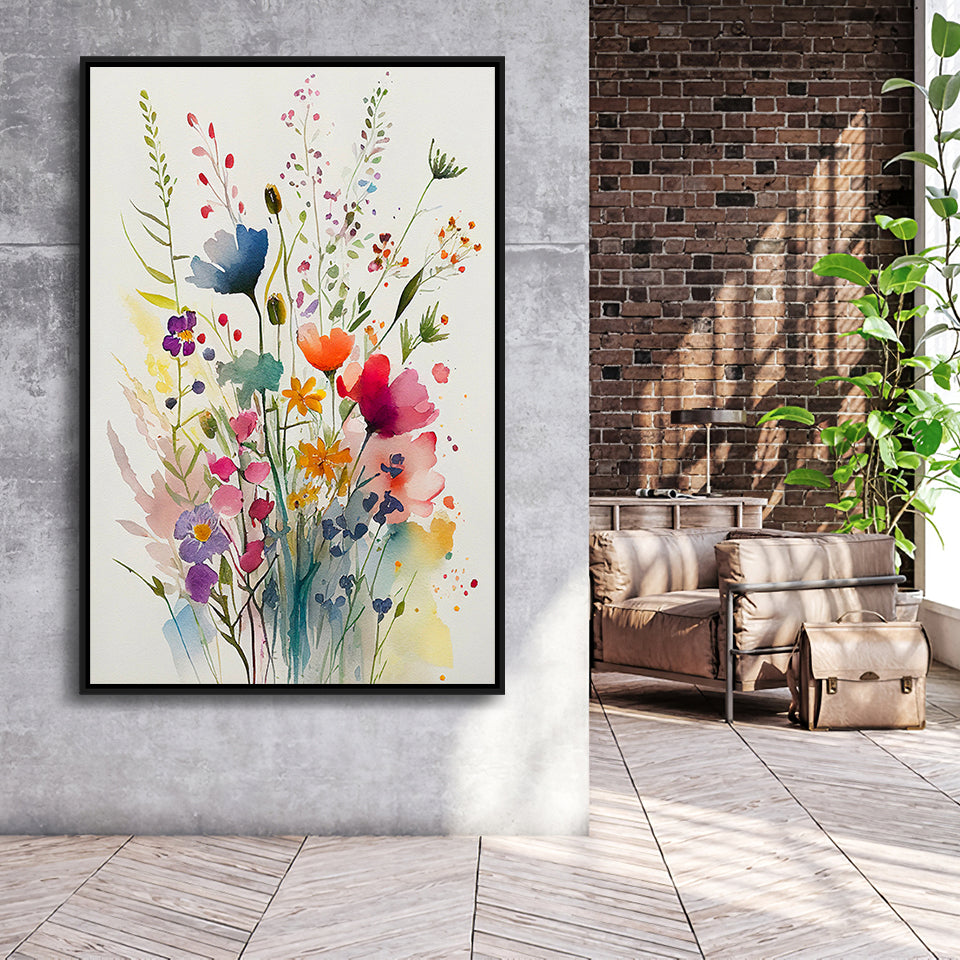 Colorful Wildflower Art, Bright Floral Watercolor Flowers V3 Framed Canvas Prints Wall Art, Floating Frame, Large Canvas